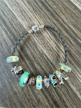 Pandora Gray Leather Bracelet with Turquoise Glass, Boy, Girl, Hen Charms Beads